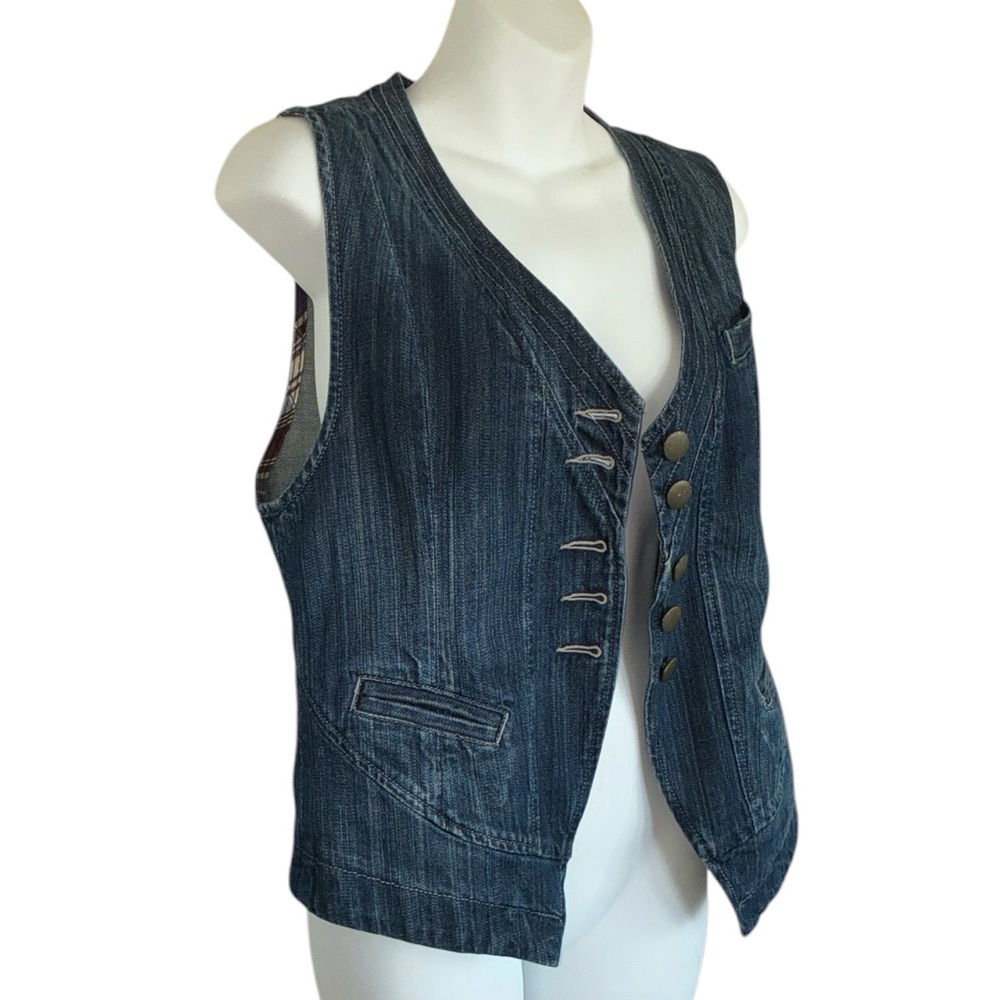 CABI Denim Button Front Vest, distressed Dark Wash. M